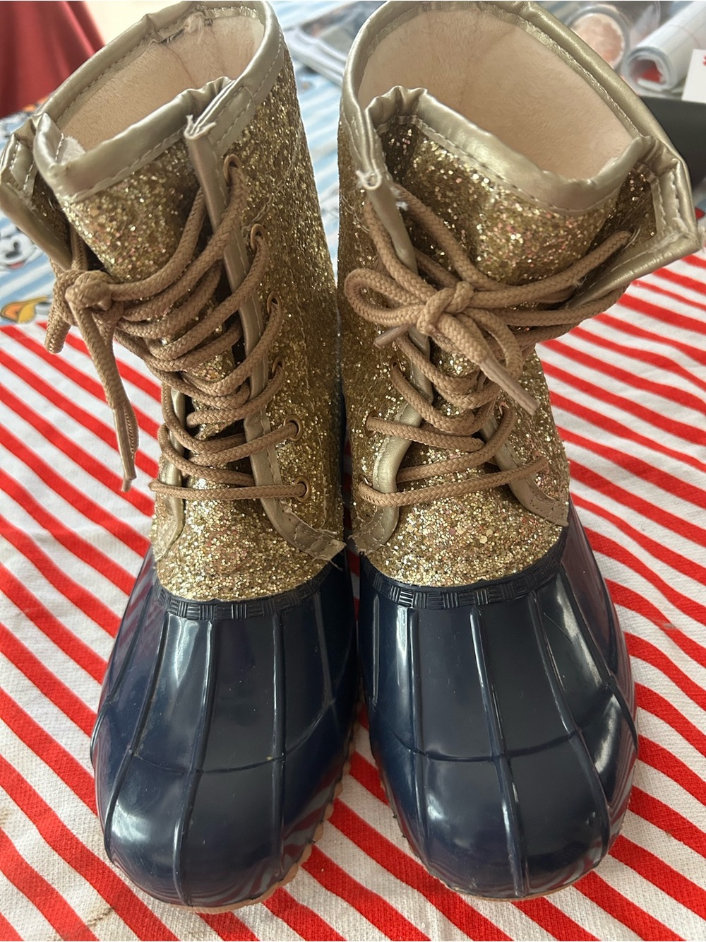 Sugar Gold Glitter and Navy Duck Boots - Women's Lace-Up Waterproof Boot